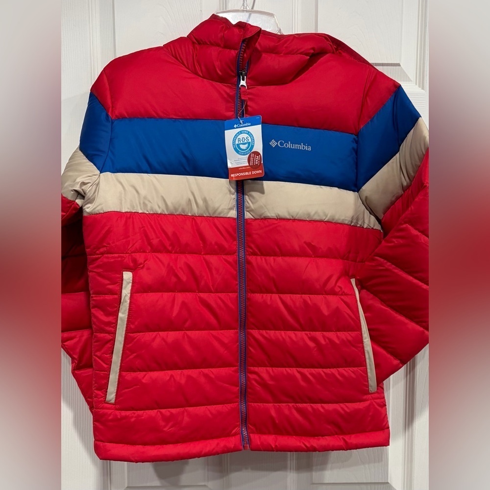 Columbia Boy's Large Tumble Rock Down Hooded Jacket NWT Red Blue Puffer Ski